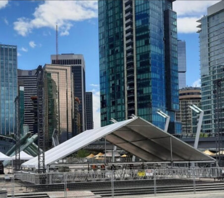 Frame tent, Squash Canada Nationals at Jack Poole Plaza - Festival event in Vancouver - Squash Canada Nationals | guests 201~300 | 50 x 45 open gables. | Elevation Tent Rentals