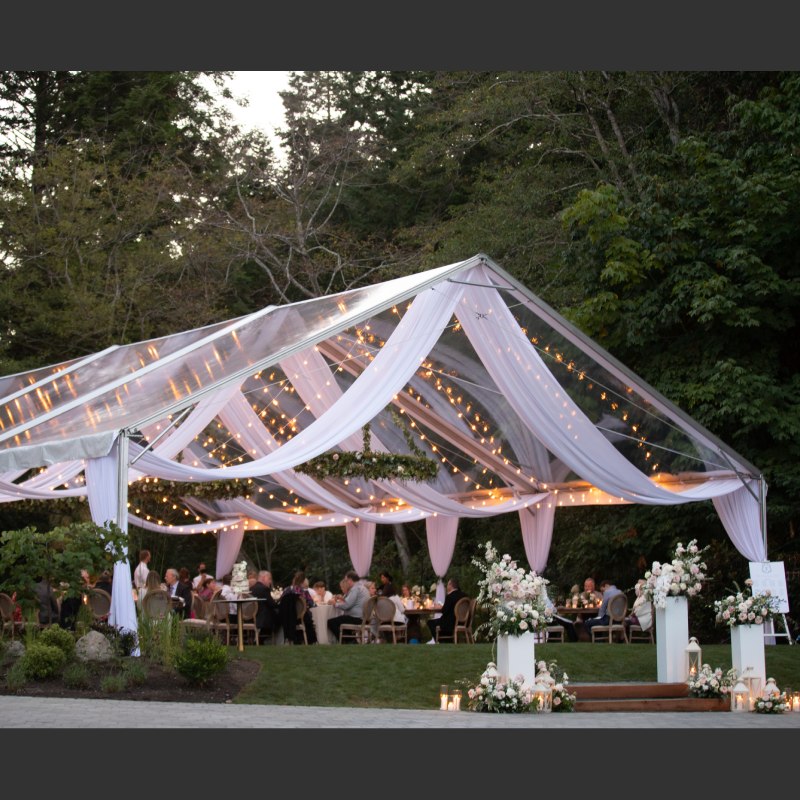 Clear span tent, Wedding event in Vancouver island - Private Residence | guests 101~200 | 40 x 60 clear maxiframe w/ open gables, oceanside| Elevation Tent Rentals